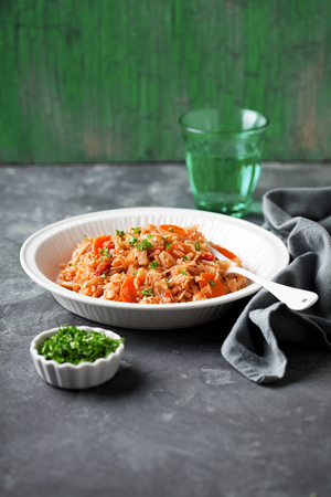 National Greek dish of rice with cabbage, tomatoes (Lahanorizo), selective focusの写真素材