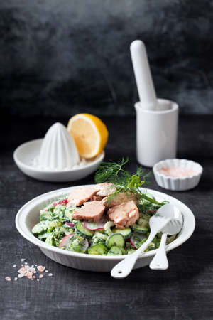 Fresh vegetables salad (radishes, cucumbers, avocado, celery, dill, green onions) with yogurt dressing and canned cod liver, selective focusの写真素材