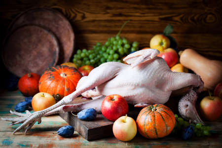 Fresh raw whole organic turkey, pumpkins and fruits, selective focusの写真素材