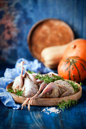 Fresh raw organic meat quails with rosemary on a plate, selective focusの写真素材