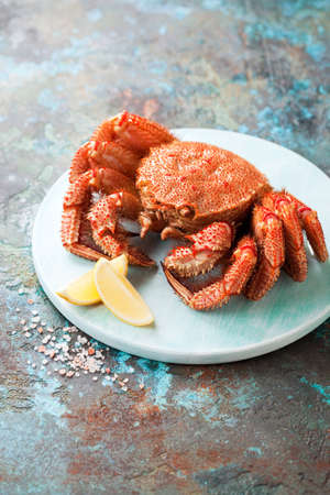 Boiled hairy or horsehair crab on a wooden plate, selective focusの写真素材