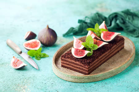 Homemade chocolate cake with fresh figs, selective focusの写真素材