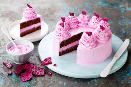 Chocolate cake with freeze dried dragon fruit powder cream and pitahaya chips, selective focusの写真素材