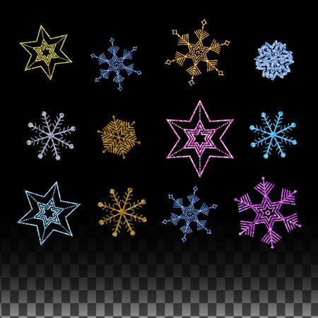 Vector Isolated Set - Luxury Christmas Glitter Snow flakes - Gold, Blue, Pink Snow flakes Pattern Design. Colorful Snow flakes Decor. Shiny Stars and Snowflakes without background.のイラスト素材