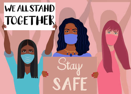 Demonstration against Corona Virus, Covid 19. Awareness concept - 
Group of Multi Ethnic People Wearing Protective Face Masks as a Protection against Corona Virus, Covid 19, Flu, Infectious Disease.のイラスト素材