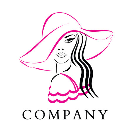 Vector Fashion and Beauty Logo - A Pretty Woman Wearing a Fashion Pink Hat and Dress. A Hand drawn, Elegant Logo for Beauty Salon, Boutique, Hair Dresser, Stylist, Fashion Designer, Make up Artistのイラスト素材