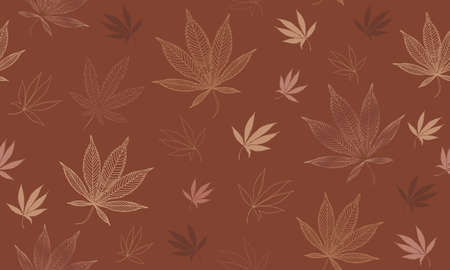 Seamless Marijuana, Cbd, Weed Beige, Brown, Modern Pattern with the Hand Drawn Contours of Leaves. Earth tone, Neutral Design.の写真素材