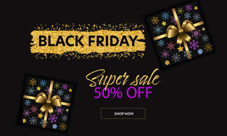 Colorful Black Friday Sale Banner. A Template with the Hand Drawn Snowflakes and Glittered Decor. Useful for Ads, Discount Banners, Flyers, Printsの写真素材