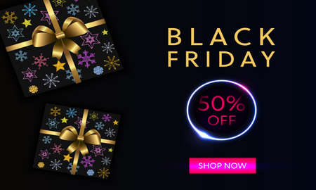 Colorful Black Friday Sale Banner with Lighting Effects. A Template with the Hand Drawn Snowflakes and Glittered Decor. Useful for Ads, Discount Banners, Flyers, Printsの写真素材