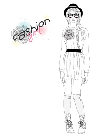 Young beautiful girl fashion illustration. Vector illustration. Background with teen female in fashionable clothes.のイラスト素材