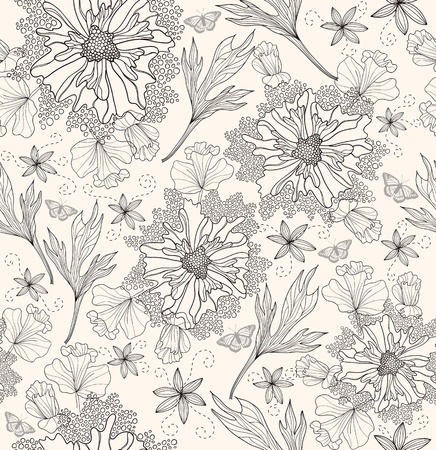 Abstract floral pattern. Seamless pattern with flowers and butterfly. Floral background.のイラスト素材