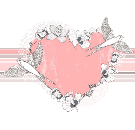 Heart made from flowers and birds  Postcard, greeting card or invitation  のイラスト素材