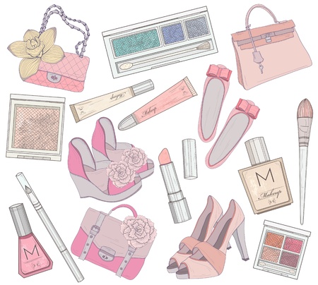Women shoes, makeup and bags element set  Cosmetic product, footwear, purses and accessories vector illustration のイラスト素材