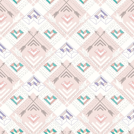 Abstract geometric seamless pattern. Aztec style pattern with hearts. Cute background for children or teenagersのイラスト素材