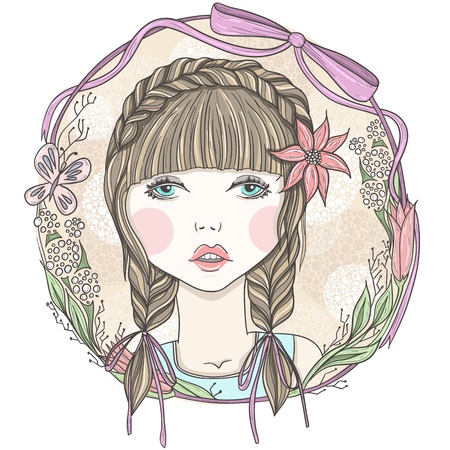 Pretty girl with flowers and butterfly element frame.のイラスト素材