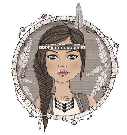 Cute native american girl and feathers frame.のイラスト素材