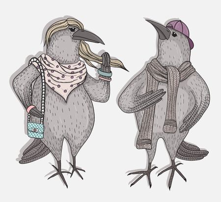 Cute cartoon hipster crowsのイラスト素材