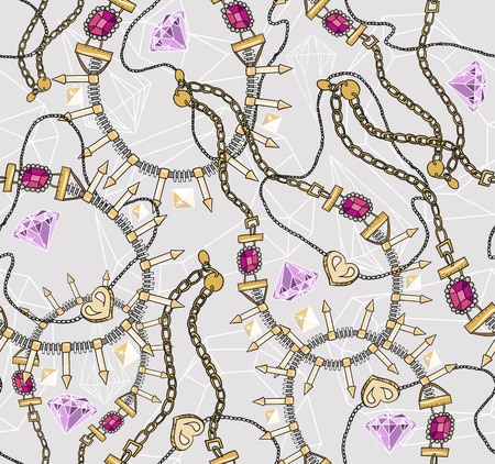 Seamless pastel jewelery necklace kaleidoscope pattern  Background with colorful gemstones and diamonds のイラスト素材
