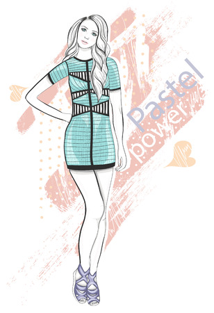 Young girl fashion illustration. Pastel fashion trend.のイラスト素材