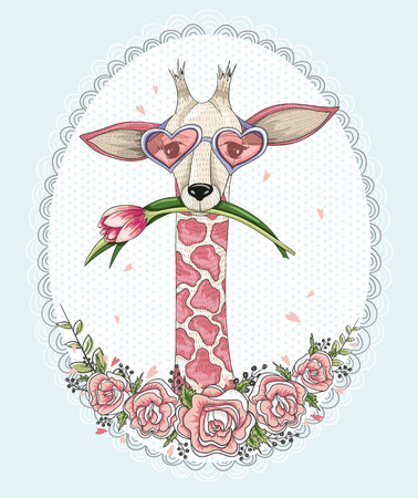 Cute hipster giraffe background with floral frame.のイラスト素材