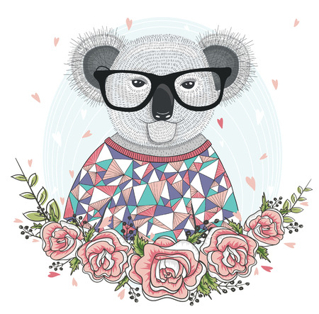 Cute hipster koala with glasses and flower frame.のイラスト素材
