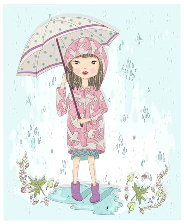 Cute little girl holding umbrella. Autumn background with rain, leafs and puddle. Illustration for kids or children.のイラスト素材
