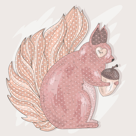 Cute pink squirrel holding acorn. Illustration for kids or children.のイラスト素材
