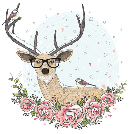 Cute hipster deer with glasses, flowers, and bird.のイラスト素材
