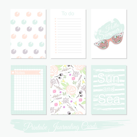 Printable cute set of filler cards with flowers, sunglasses and summer elements. templates for posters, banner designs, journal cards, scrapbook, planner, diary journaling.のイラスト素材