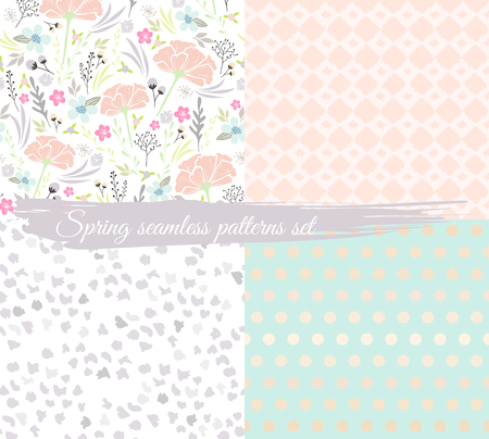 Seamless spring floral patterns set. Background with flowers, leafs, animal print and polka dot.のイラスト素材