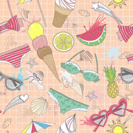 Cute summer abstract pattern. Seamless pattern with swimsuits, sunglasses, suns, ice creams, and seashells . Fun pattern for children or teenager girls.summer setのイラスト素材