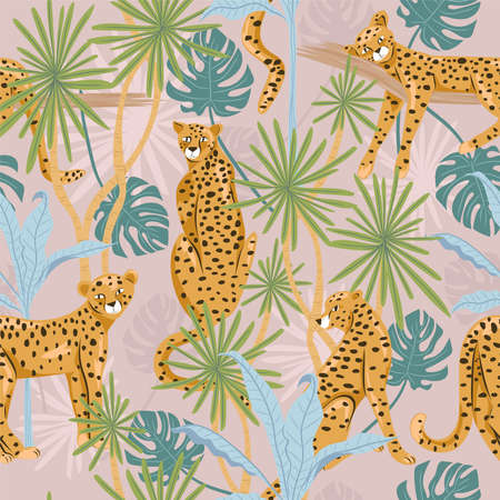 Cheetah seamless pattern. Tropical plants background.のイラスト素材
