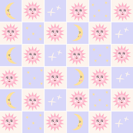 Sun and moon seamless pattern. Cute checkered hand drawn vector background with planets. Perfect for...
