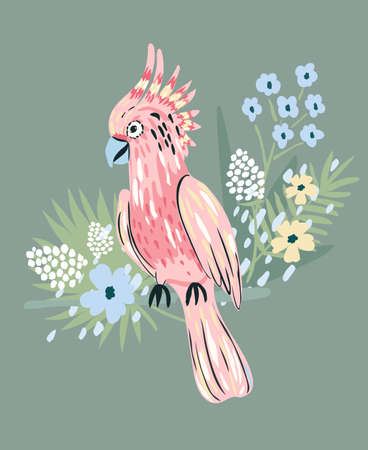 Cute pink parrot with flowers and leaves illustration. Tropical summer background.のイラスト素材