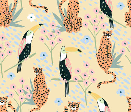 Cute toucan and cheetah seamless pattern. Background with animals, birds and flowers. Wallpaper perfect for kids and children.のイラスト素材