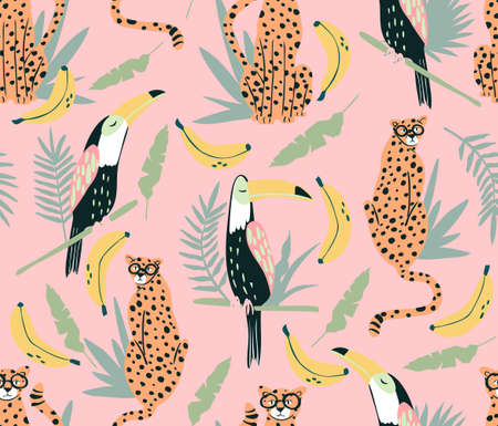 Cute toucan and cheetah seamless pattern. Background with animals, birds and bananas. Wallpaper perfect for kids and children.のイラスト素材