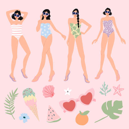Girls with swimsuits and summer accessories set. Girls posing, ice cream, sunglasses, fruits, palm leaves.のイラスト素材