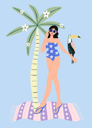 Cute young girl with toucan and palm tree on the beach. Summer holiday background.のイラスト素材