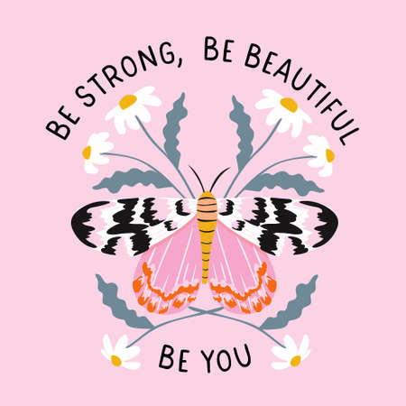 Inspirational quote with colorful flowers and moth. Vector illustration with butterfly.のイラスト素材