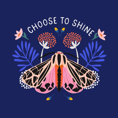 Inspirational quote with colorful flowers and moth. Vector illustration with butterfly.のイラスト素材