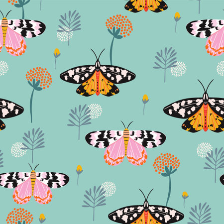 Seamless pattern with moths, flowers, and butterfly. Floral background for fabric, wrapping, textile, wallpaper, apparel. Vector illustration.のイラスト素材