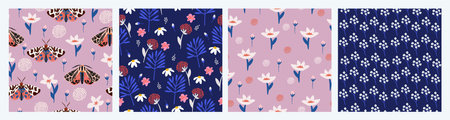 Seamless pattern with moths, flowers, and butterfly. Floral background set for fabric, wrapping, textile, wallpaper, apparel. Vector illustration.のイラスト素材