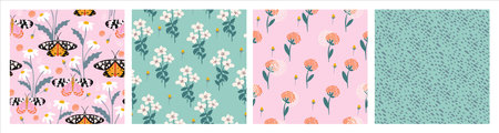Seamless pattern with moths, flowers, and butterfly. Floral background set for fabric, wrapping, textile, wallpaper, apparel. Vector illustration.のイラスト素材