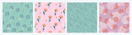 Abstract floral seamless patterns with flowers. Trendy hand drawn textures. Modern abstract background set.のイラスト素材