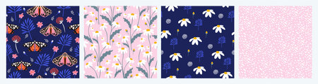Seamless pattern with moths, flowers, and butterfly. Floral background set for fabric, wrapping, textile, wallpaper, apparel. Vector illustration.のイラスト素材
