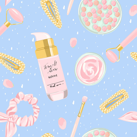 Seamless pattern with beauty products, fashion accessories, and flowers. Cosmetic background for fabric, wrapping, textile, wallpaper, apparel. Vector illustration.のイラスト素材