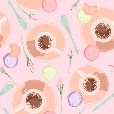 Seamless pattern with coffee, macarons, and flowers. Morning background for fabric, wrapping, textile, wallpaper, apparel. Vector illustration.のイラスト素材