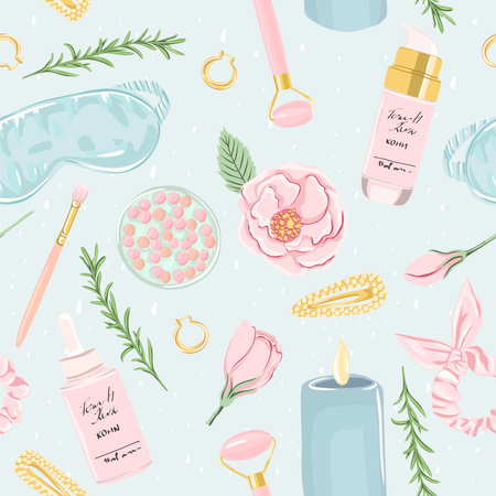 Seamless pattern with cosmetic and beauty products. Skin care background for fabric, wrapping, textile, wallpaper, apparel. Vector illustration.のイラスト素材