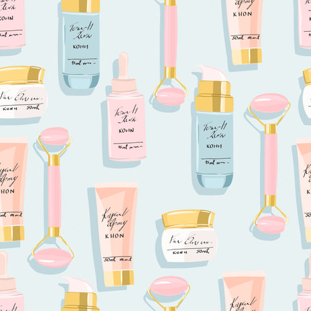 Seamless pattern with cosmetic and beauty products. Skin care background for fabric, wrapping, textile, wallpaper, apparel. Vector illustration.のイラスト素材