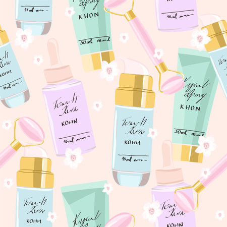 Seamless pattern with cosmetic and beauty products, and flowers. Skin care background for fabric, wrapping, textile, wallpaper, apparel. Vector illustration.のイラスト素材